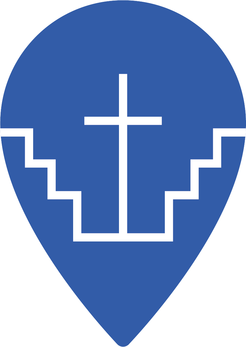 Logotipo azul con una calavera pixelada y una cruz en el centro.