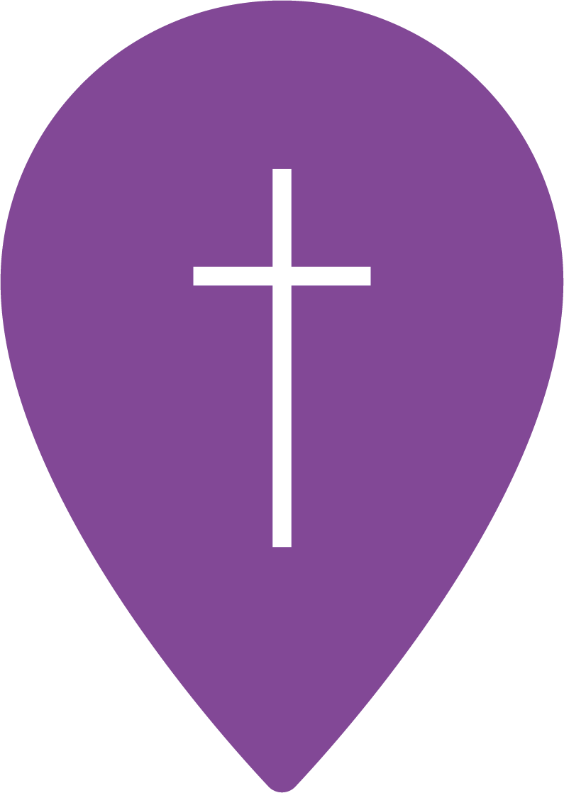 Marcador de mapa morado con una cruz blanca en el centro.